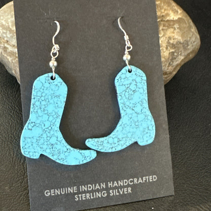 Western Cowboy Boots Navajo Slab Blue Turquoise Sterling Silver Earrings 17875