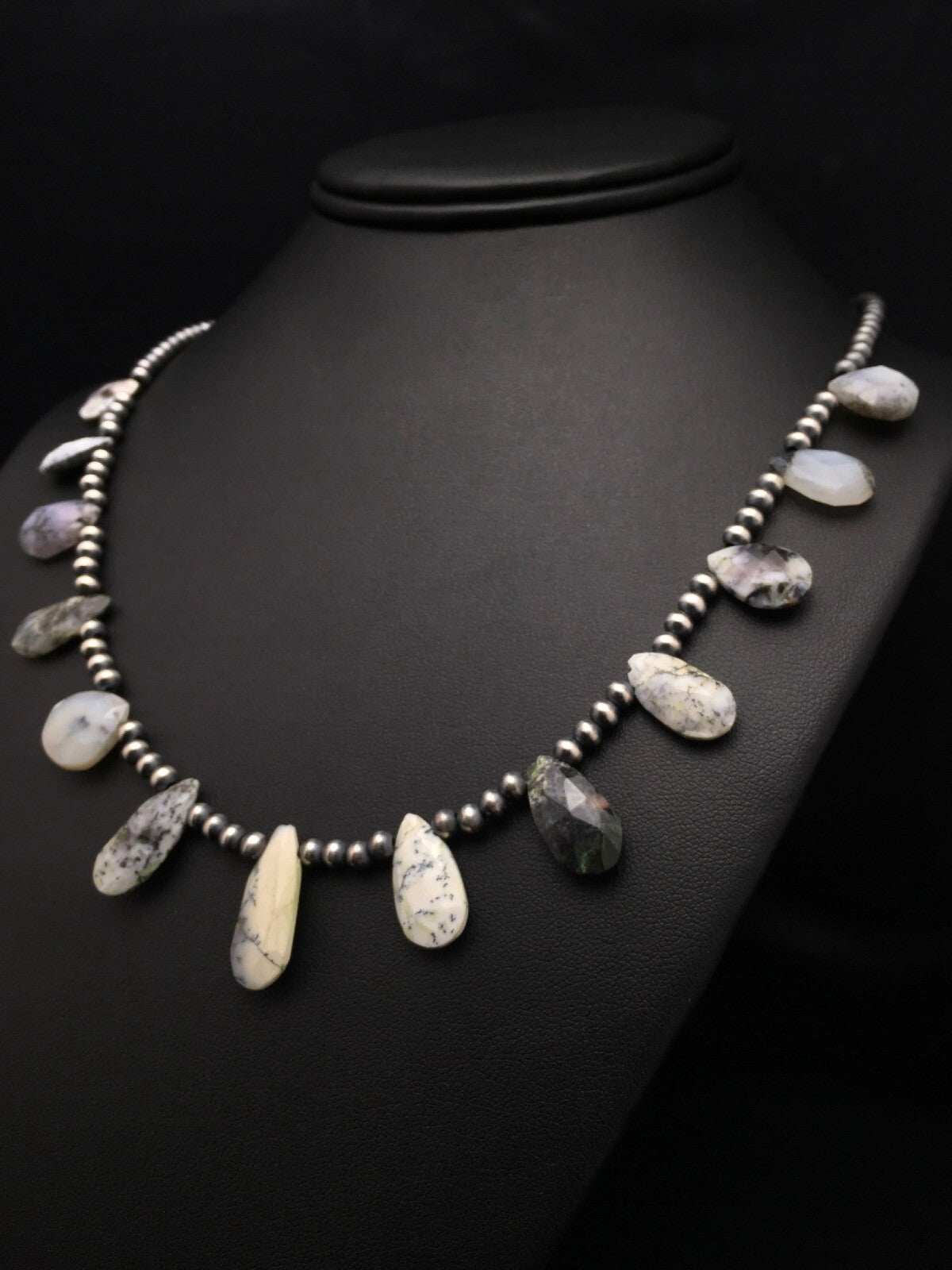 Black Rutile & Opal Pear Shaped Navajo Pearls Sterling Silver Necklace 4092