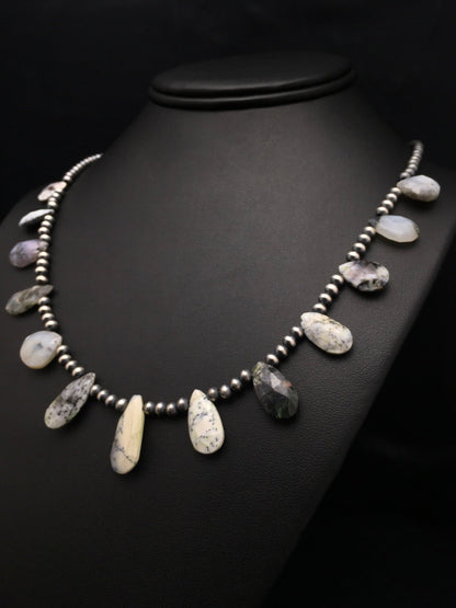 Black Rutile & Opal Pear Shaped Navajo Pearls Sterling Silver Necklace 4092