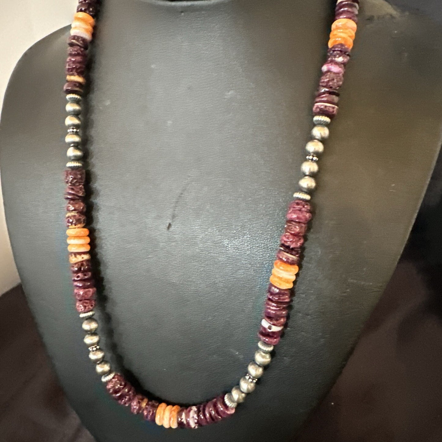 Navajo Sterling Necklace Purple Orange Spiny Oyster  20" 17702