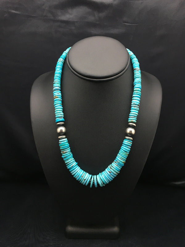 Turquoise Graduated Navajo Necklace 18" | Sterling Silver | Authentic Native American Handmade | 4046