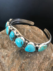 Turquoise Navajo 7 Stone Bracelet Platero | Sterling Silver | Authentic Native American Handmade | 08309