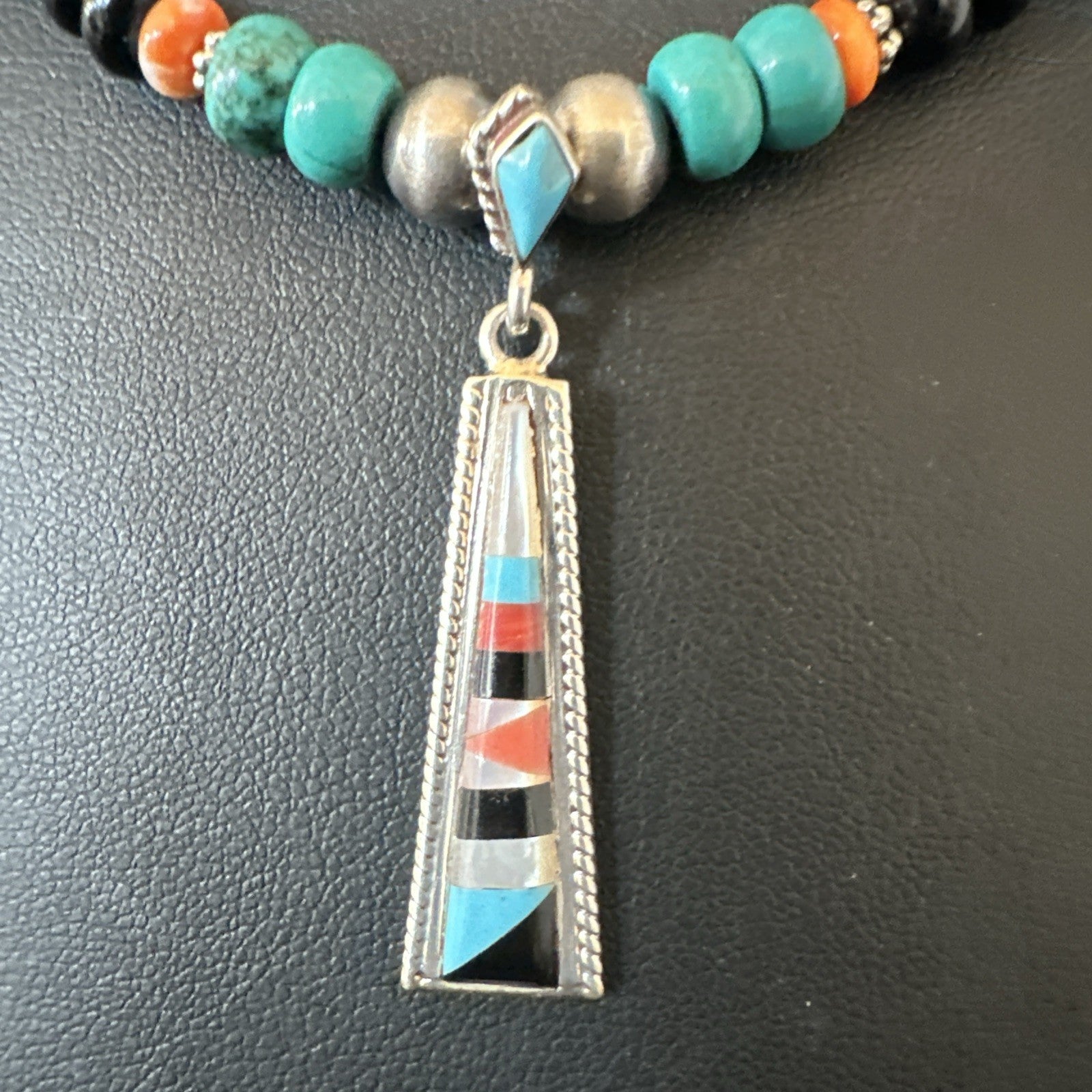 Multicolor Turquoise Spiny  Zuni Sterling Silver Inlay Pendant Necklace 19664