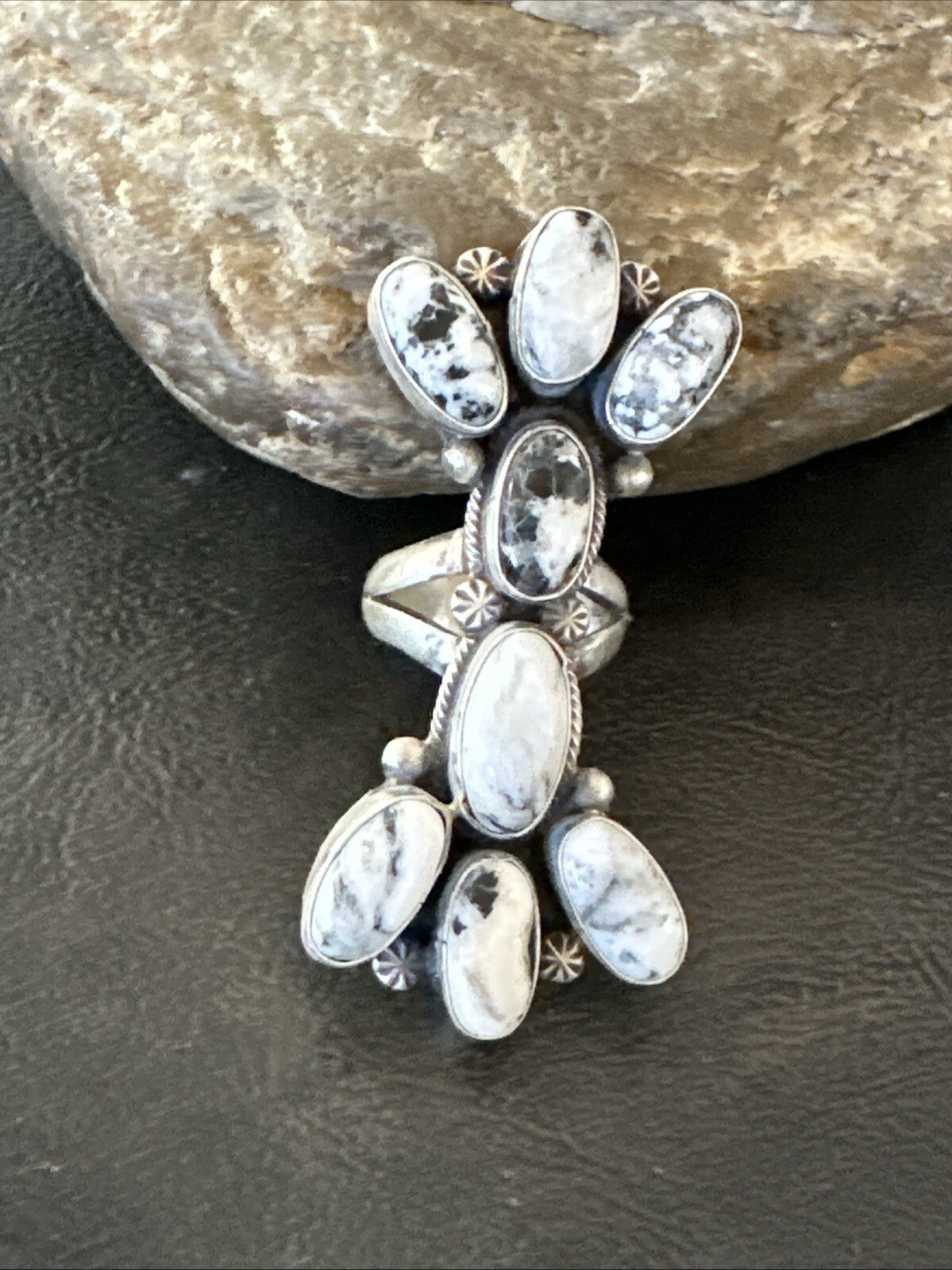 White Buffalo Turquoise Navajo Sterling Silver Cluster Ring Size 6.5 18623
