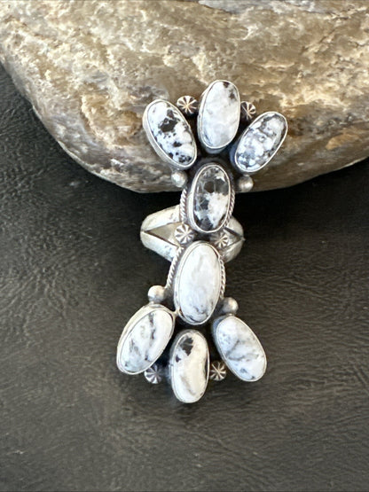 White Buffalo Turquoise Navajo Sterling Silver Cluster Ring Size 6.5 18623