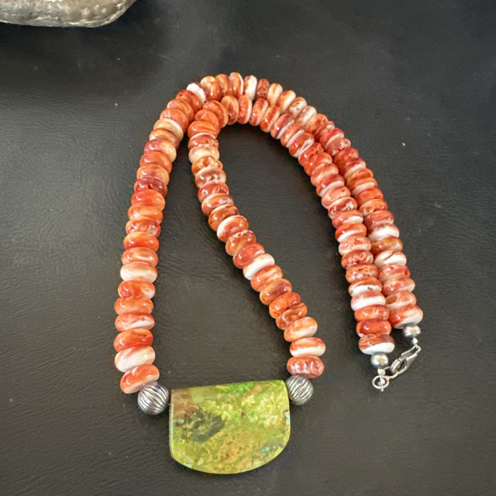 Orange Spiny  Green Turquoise Navajo Sterling Silver Pendant Necklace 20” 19636