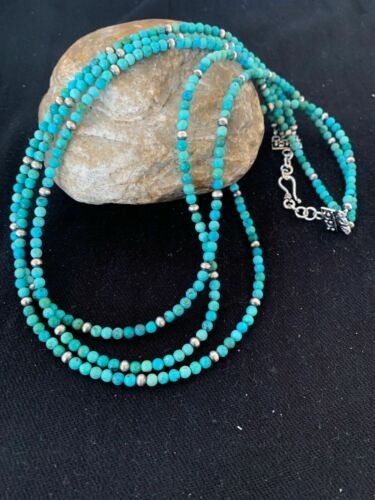 Navajo Blue Turquoise 4mm Bead 3 Strand Necklace Sterling Silver 4827