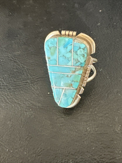 Blue Turquoise Navajo Inlay Sterling Silver Ring Size 11 19782