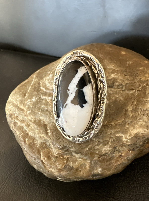 Black White Buffalo Turquoise Navajo Ring Size 9 | Sterling Silver | Authentic Native American Handmade | 19808