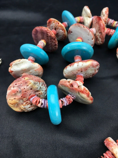 Spiny Oyster & Turquoise Navajo Indian Sterling Silver Necklace 02910