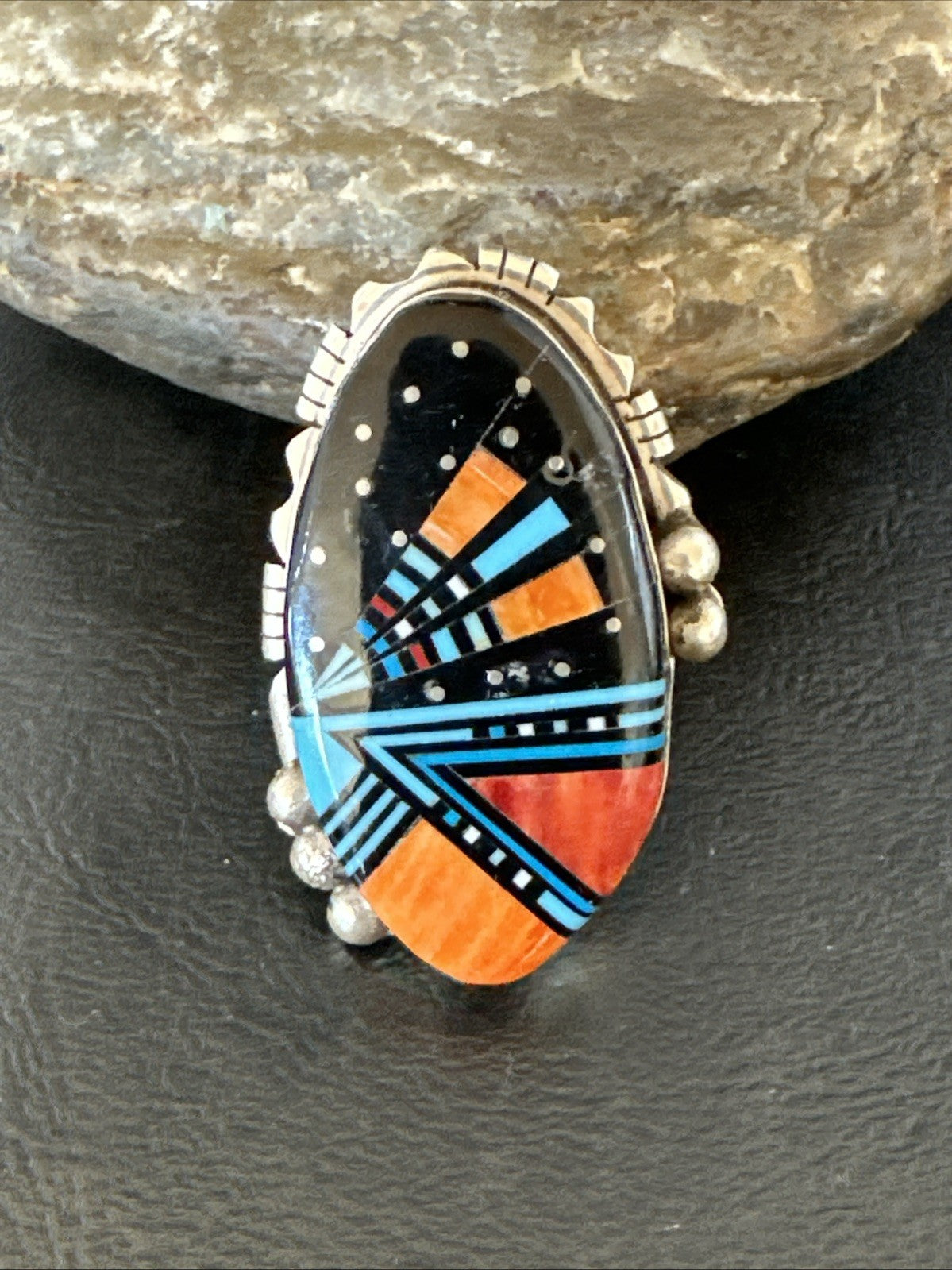 Onyx Turquoise Spiny Navajo Cosmic Inlay Sterling Silver Ring Size 10 19783