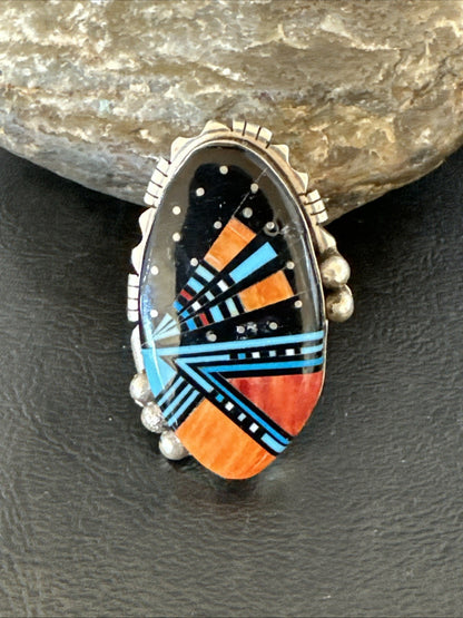 Onyx Turquoise Spiny Navajo Cosmic Inlay Sterling Silver Ring Size 10 19783