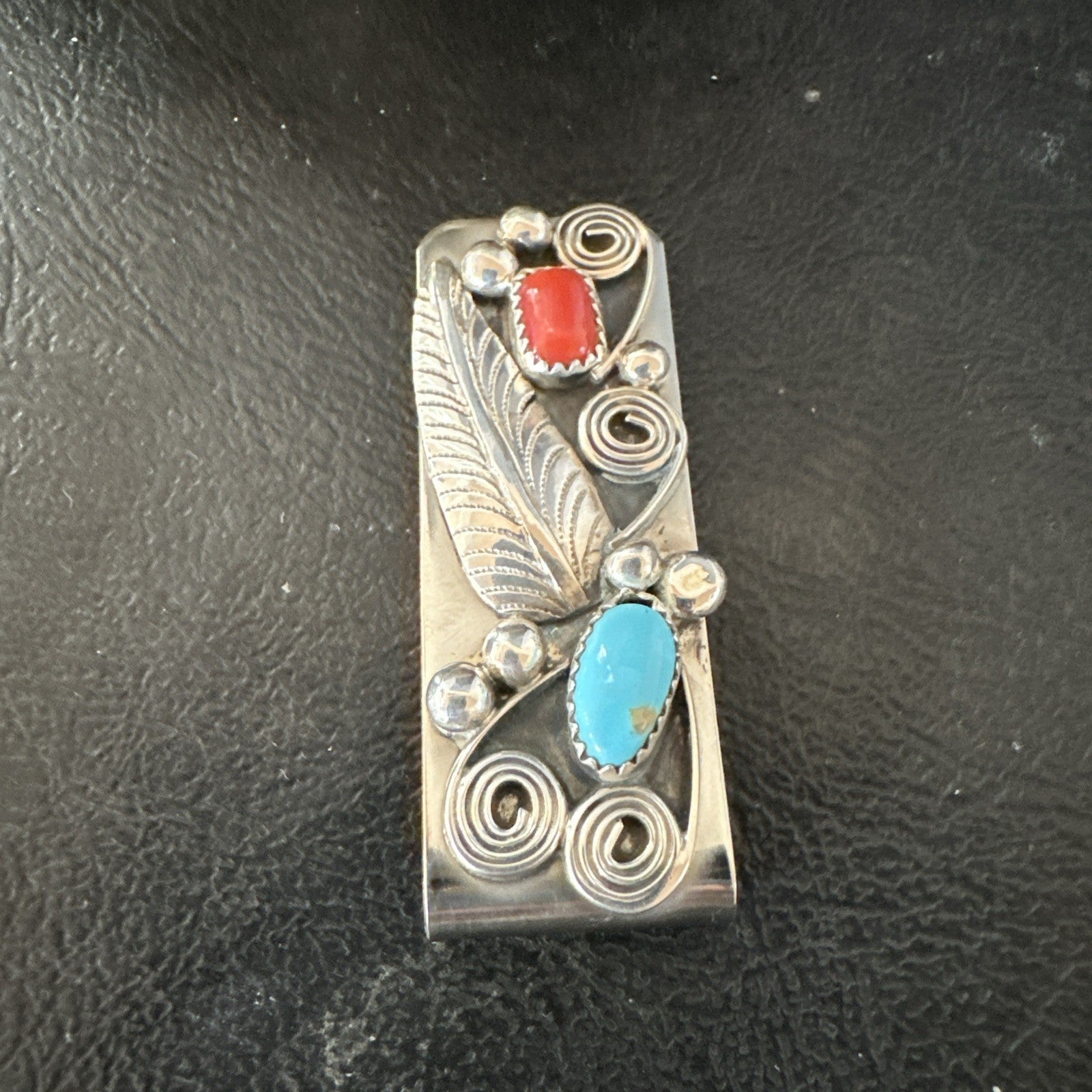 Mens Women Blue Turquoise Coral Navajo Stainless Stamped Silver Money Clip 19735