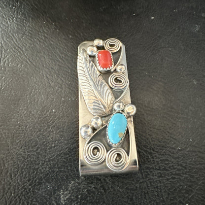 Mens Women Blue Turquoise Coral Navajo Stainless Stamped Silver Money Clip 19735