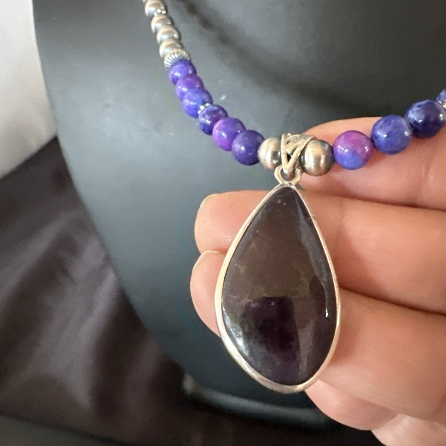 Purple Stone Pendant Navajo Pearls Sterling Silver Necklace 23" 17893