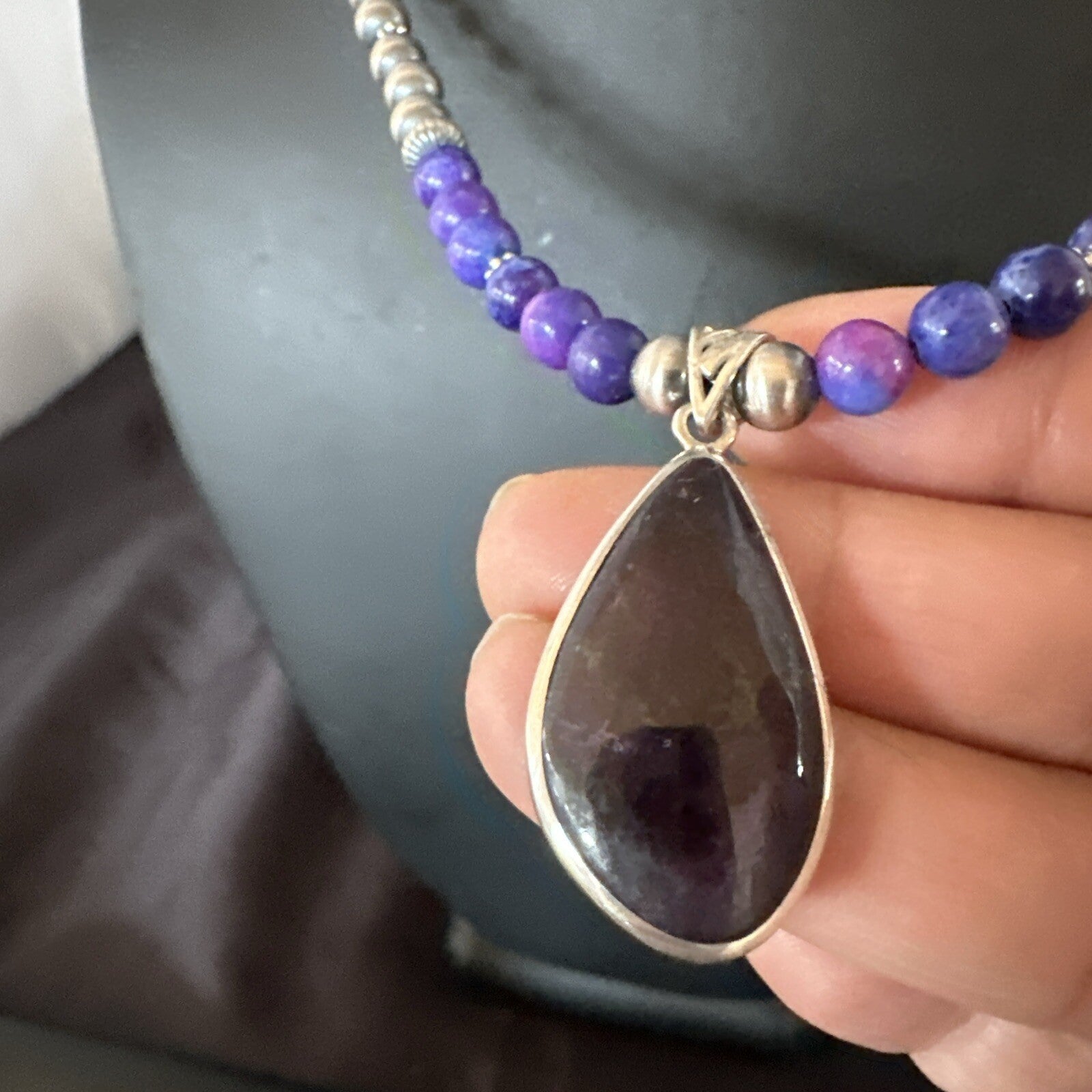 Purple Stone Pendant Navajo Pearls Sterling Silver Necklace 23" 17893