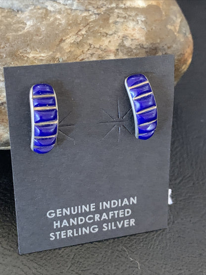 Blue Lapis Sterling Silver Multi-Stone Post Stud Inlay Earrings 0.5" 12708