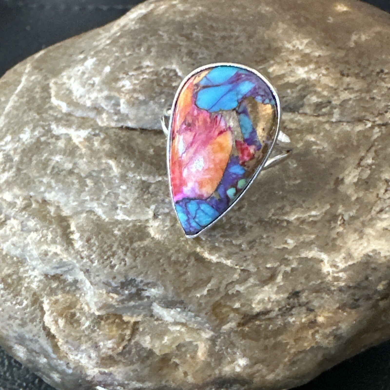 Blue Turquoise Spiny Oyster Southwestern Sterling Silver Ring Size 7 18420