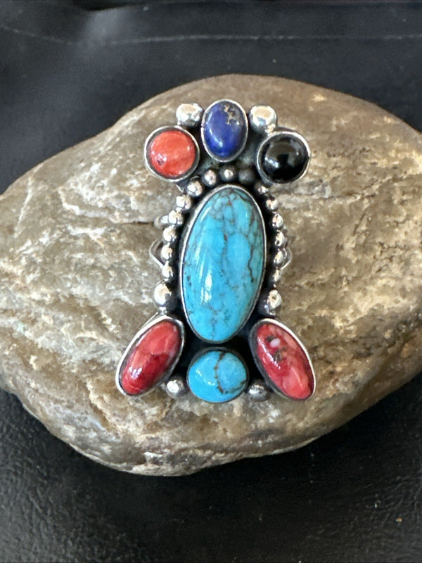 Cluster Blue Turquoise Spiny Oyster Onyx Ring Size 8 | Sterling Silver | Authentic Native American Handmade | 18562