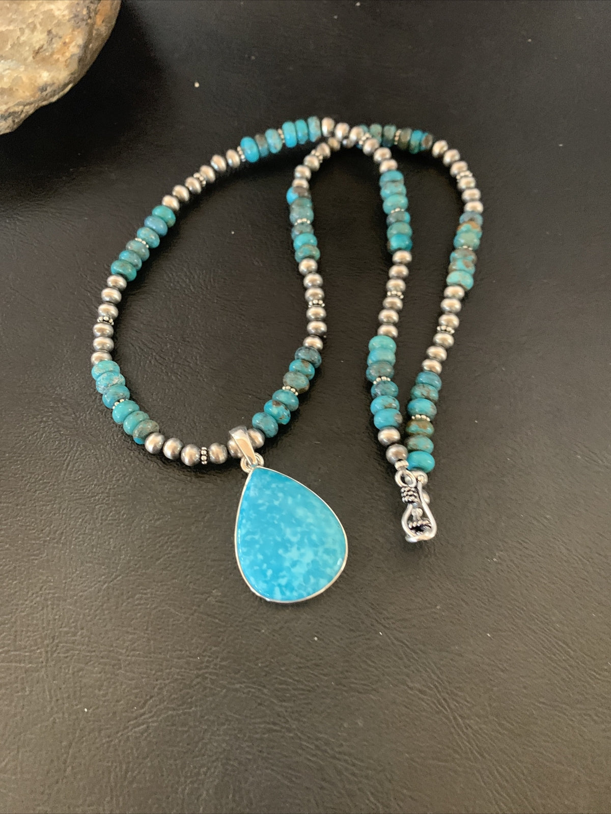 Womens Blue Kingman Turquoise Sterling Silver Beads Necklace Pendant 11692