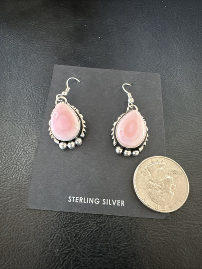 Yazzie Pink Queen Conch Navajo Sterling Silver Dangle Earrings 19324