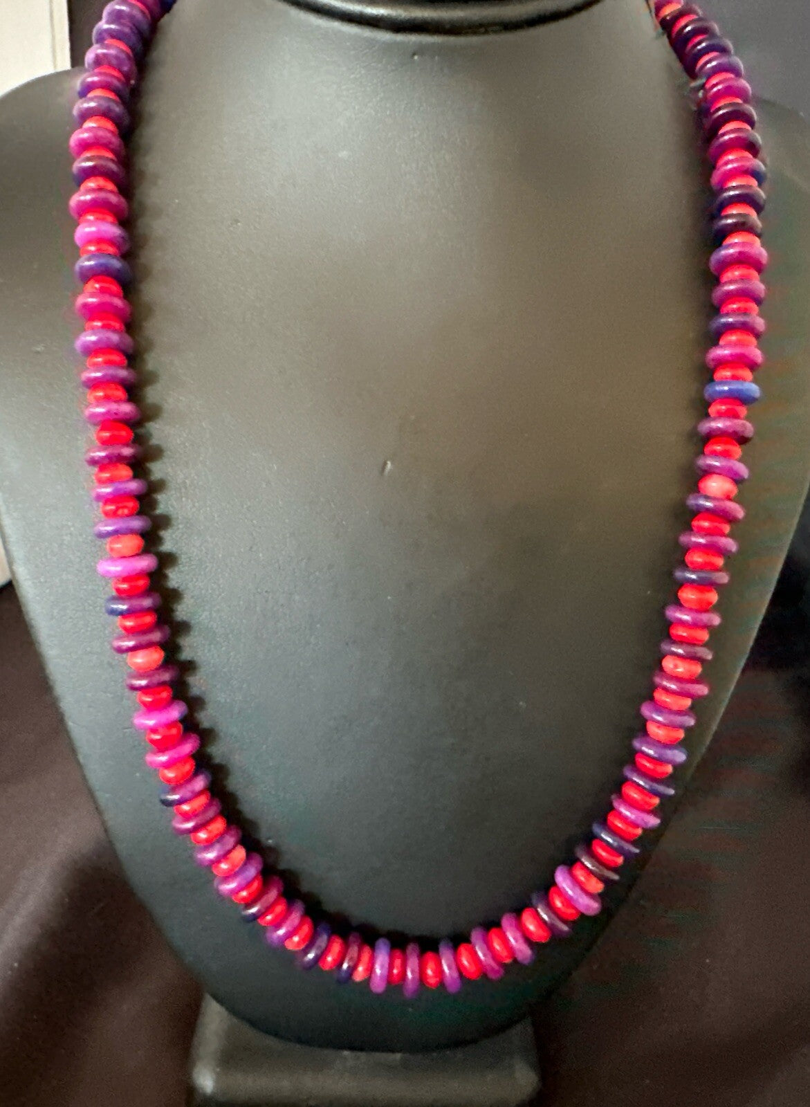 10mm  Purple Stone Red Coral Bead Navajo Sterling Silver Necklace 23” 17832