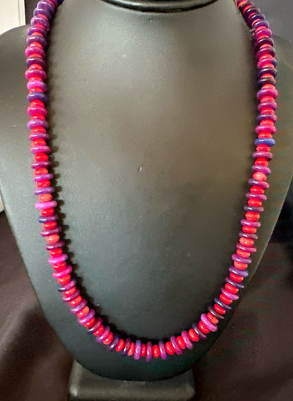 10mm  Purple Stone Red Coral Bead Navajo Sterling Silver Necklace 23” 17832