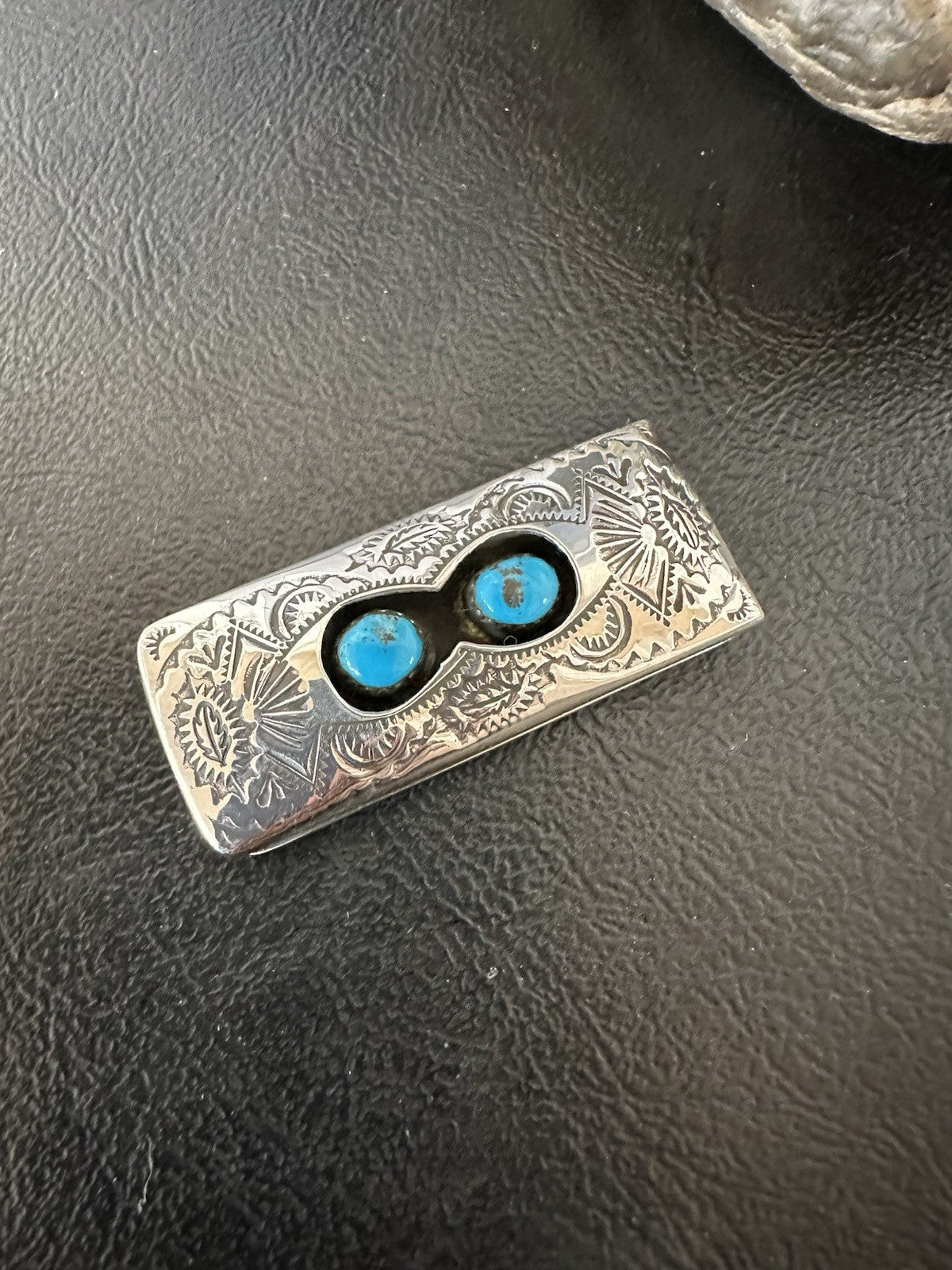 Mens Blue Turquoise Navajo Stainless Stamped Silver Money Clip 19367