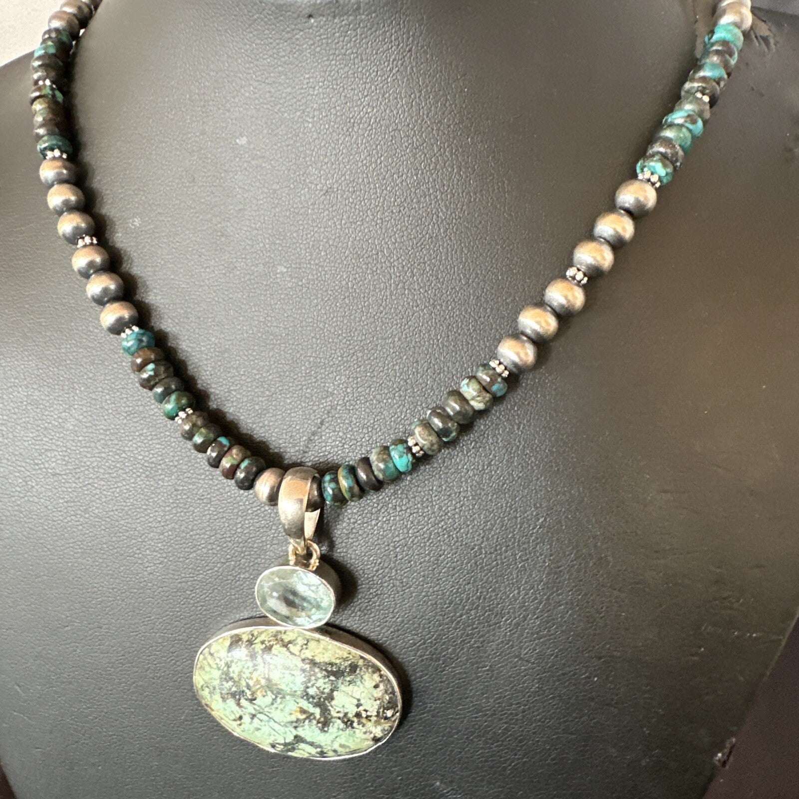 Mens Blue Spiderweb Turquoise Pendant Navajo Sterling Silver Necklace 18067