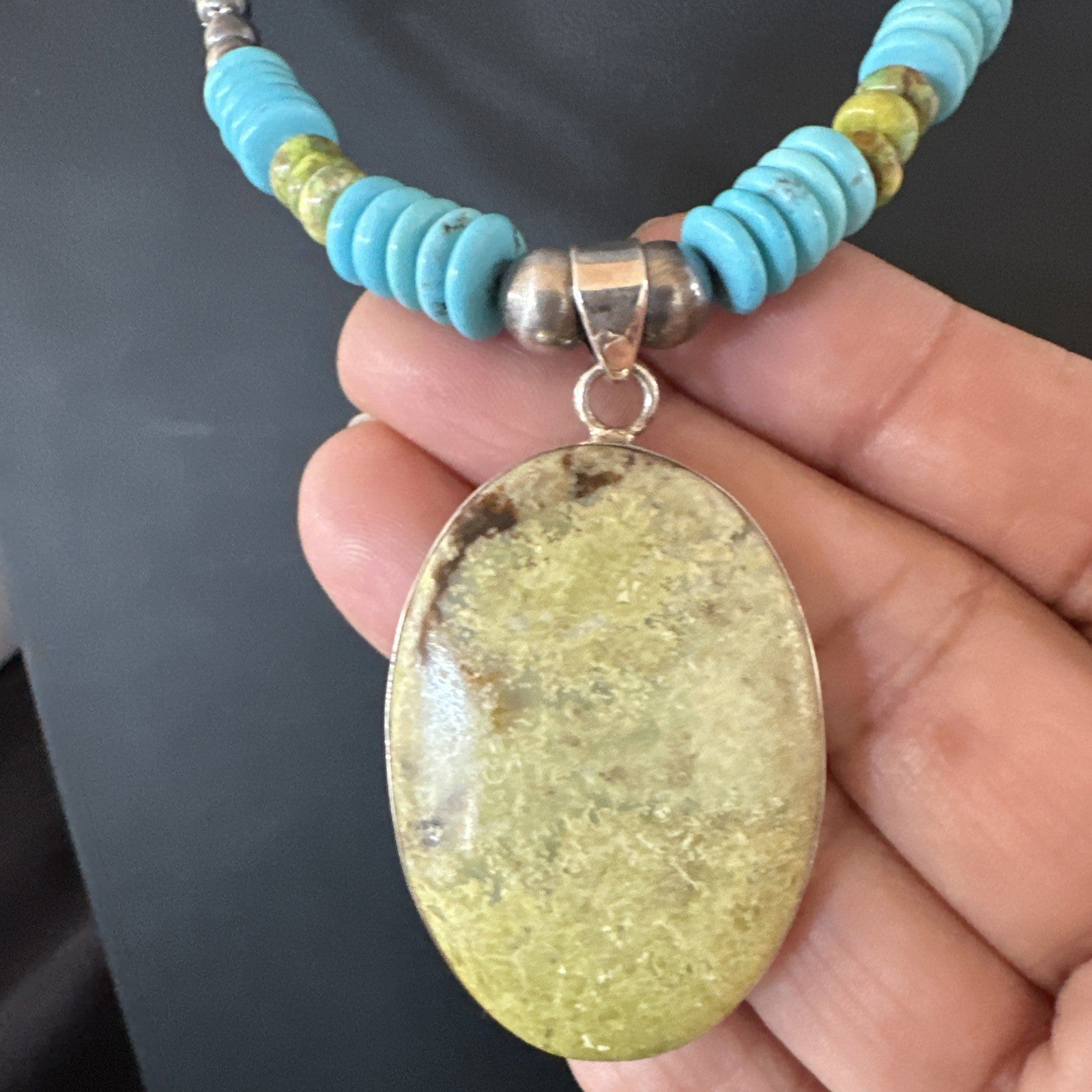 Green Gaspeite Pendant Blue Turquoise Navajo Sterling Silver Necklace 20" 19666