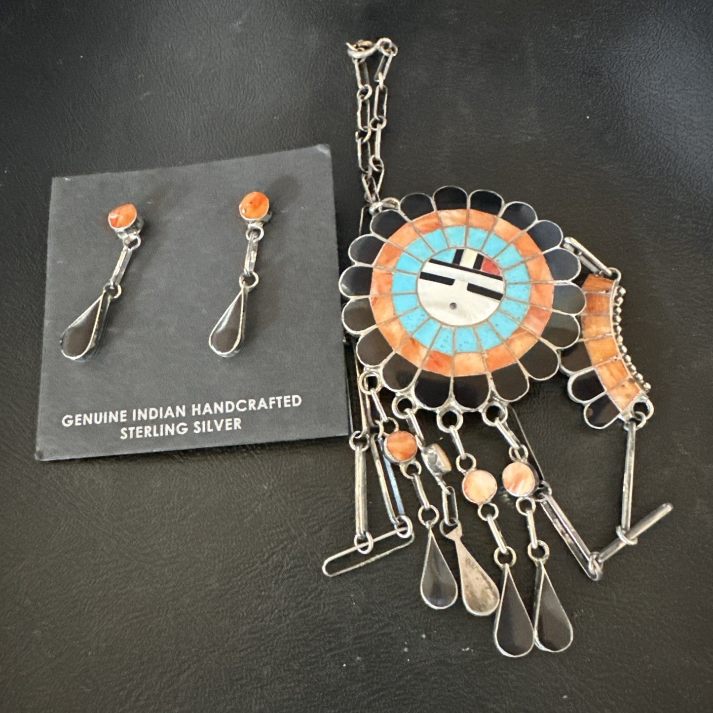 Sunface Spiny Onyx Turquoise Zuni Sterling Silver Necklace 19" Earrings 19114