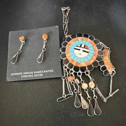 Sunface Spiny Onyx Turquoise Zuni Sterling Silver Necklace 19" Earrings 19114