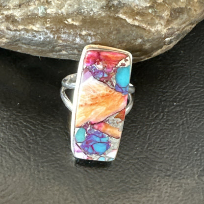 Blue Turquoise Orange Spiny Oyster Navajo Sterling Silver Ring Size 8 18219