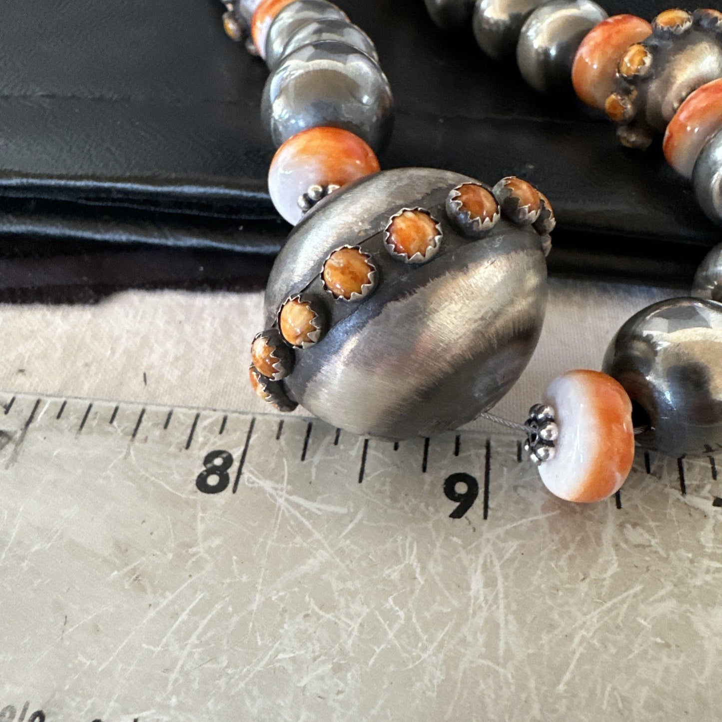 XL Orange Spiny Oyster Navajo Pearls Graduated Sterling Bead Necklace 25" 19610