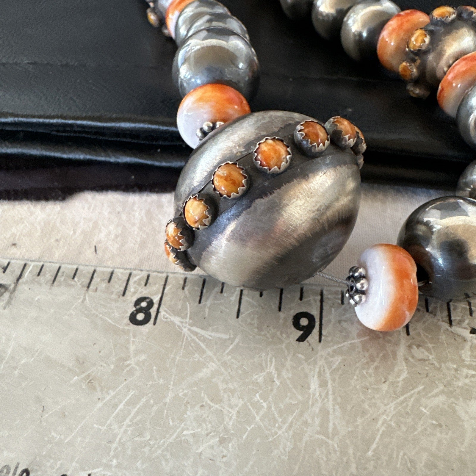 XL Orange Spiny Oyster Navajo Pearls Graduated Sterling Bead Necklace 25" 19610