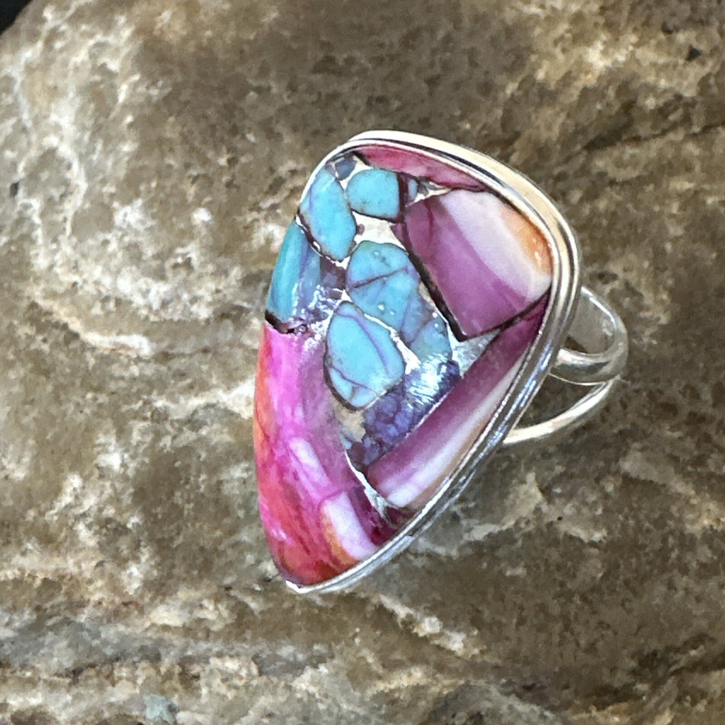 Blue Turquoise Spiny Oyster Navajo Sterling Silver Ring Size 7 18254