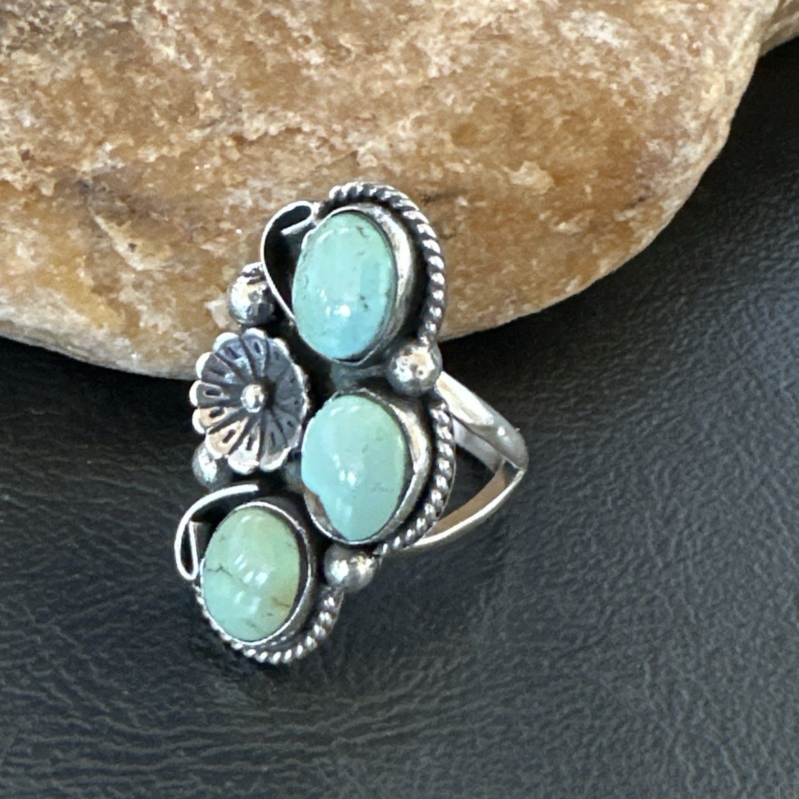 Yazzie Ring Green Turquoise Navajo Sterling Silver Cluster Size 8.5 19214