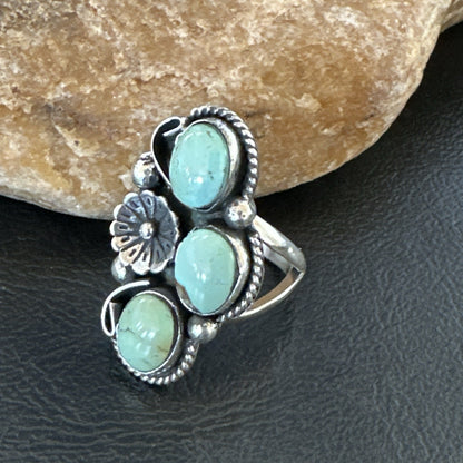 Yazzie Ring Green Turquoise Navajo Sterling Silver Cluster Size 8.5 19214