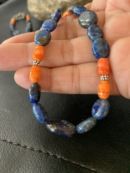 Mens Lapis Orange Spiny Oyster Navajo Pearls Sterling Silver Necklace 20" 01489