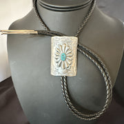 Men's Stamped Bolo Tie Blue Kingman Turquoise Navajo 2" | Sterling Silver | Authentic Native American Handmade | 19301