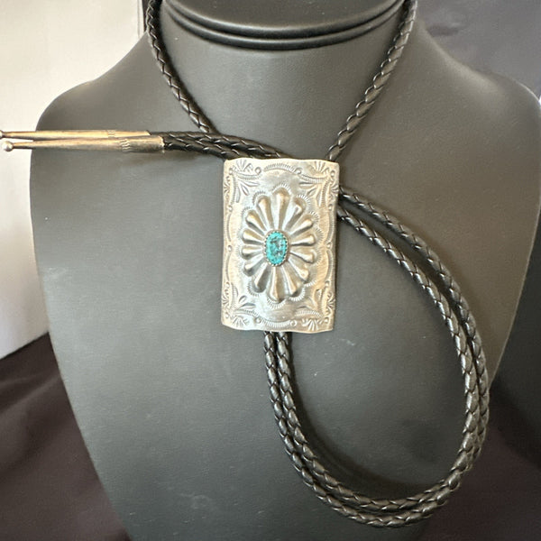 Men's Stamped Bolo Tie Blue Kingman Turquoise Navajo 2" | Sterling Silver | Authentic Native American Handmade | 19301