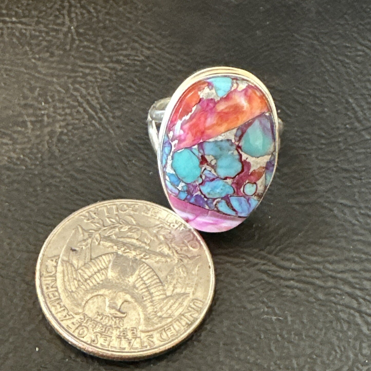Blue Turquoise Spiny Oyster Southwestern Sterling Silver Ring Size 8 18484