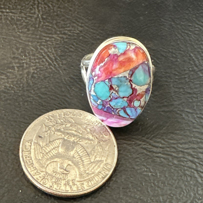 Blue Turquoise Spiny Oyster Southwestern Sterling Silver Ring Size 8 18484