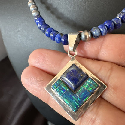 Mens Womens Blue Lapis Opal Navajo Sterling Silver Pendant Necklace 21”18339