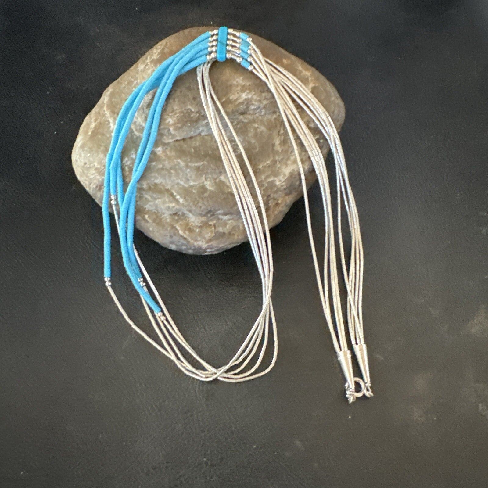 Blue Turquoise 5 Strand Heishi Liquid Sterling Silver Necklace 17854