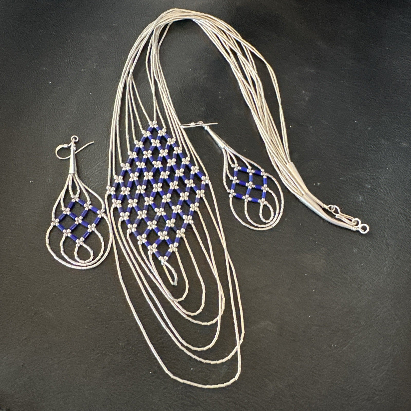 Lapis Heishi Tubes Pendant 7 Strand Sterling Silver Necklace Earrings 19753