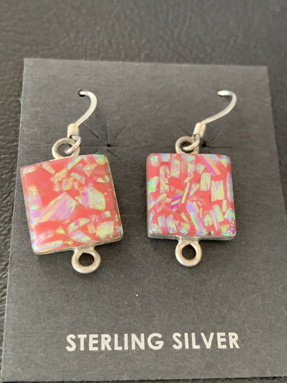 Womens Pink Opal Navajo Sterling Silver Dangle Drop Earrings 0.5" 12752
