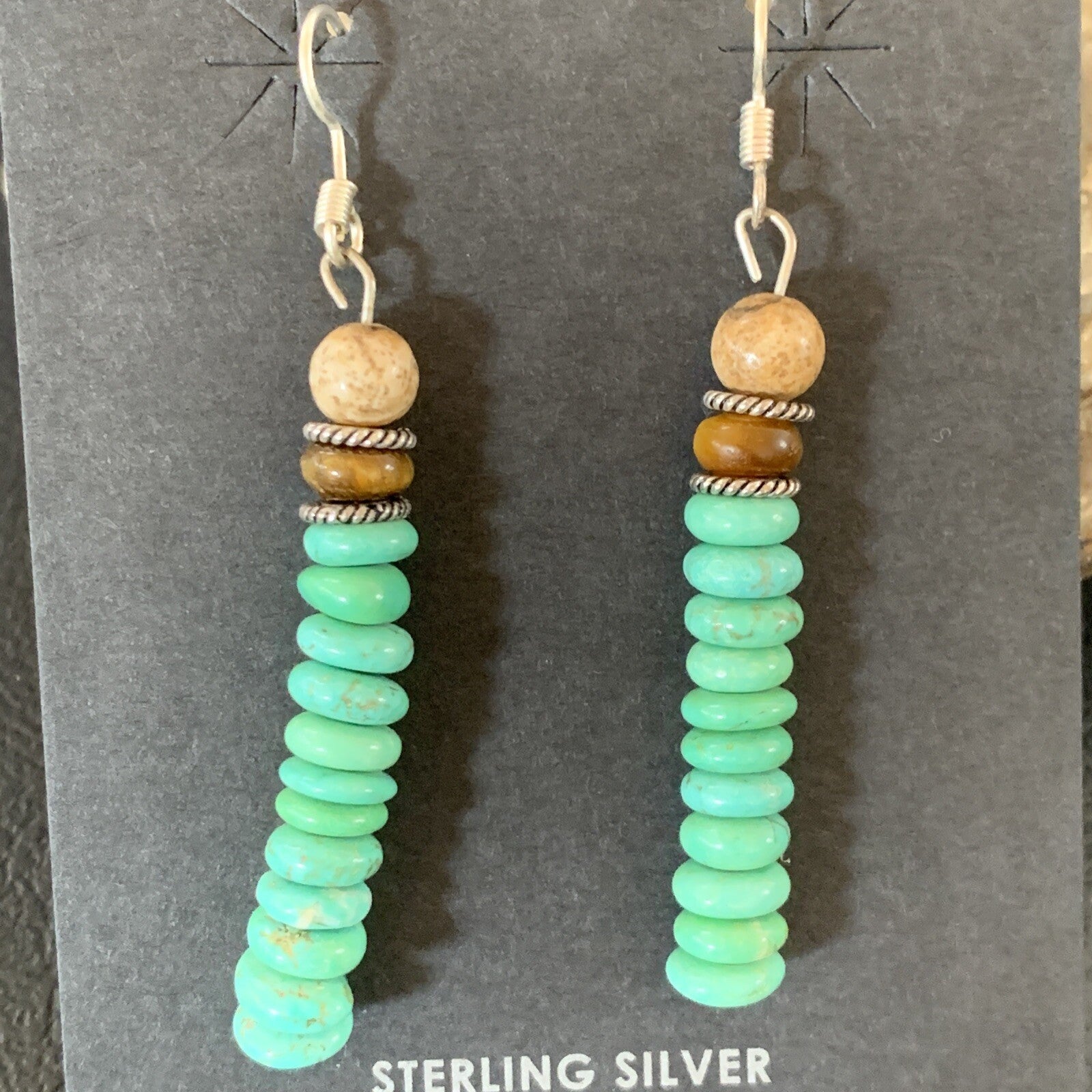 Green Turquoise & Picture Jasper Bead Navajo Sterling Silver Earrings 04080