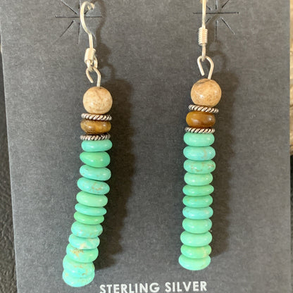 Green Turquoise & Picture Jasper Bead Navajo Sterling Silver Earrings 04080