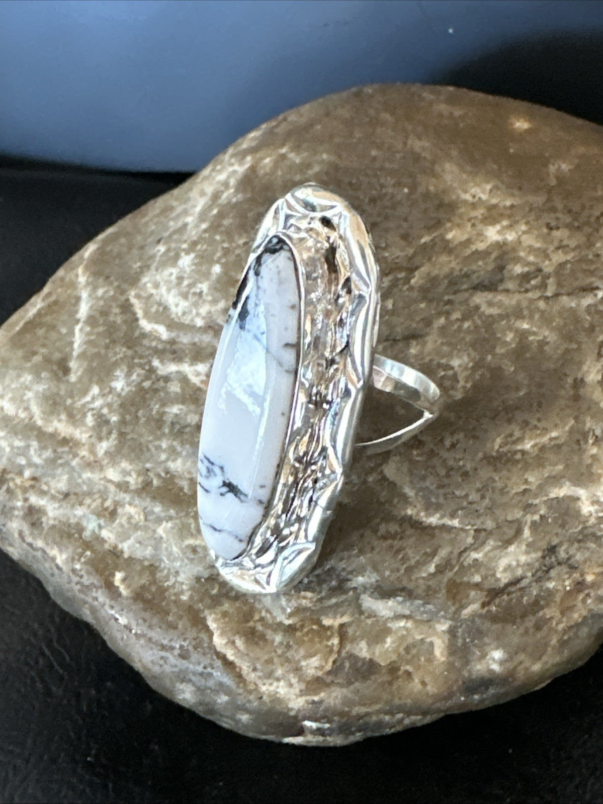 Black White Buffalo Turquoise Navajo Sterling Silver Ring Size 8.5 19803